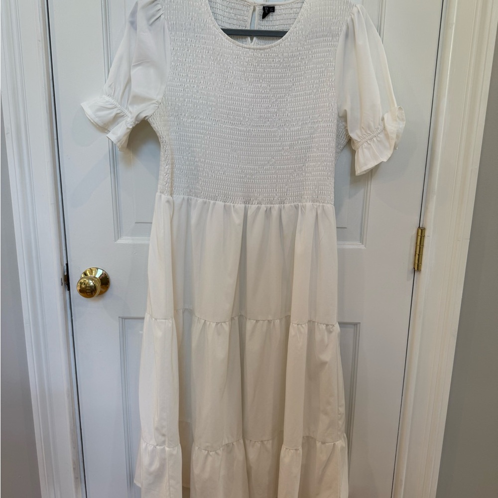 White Smocked Bodice Tiered Midi Dress